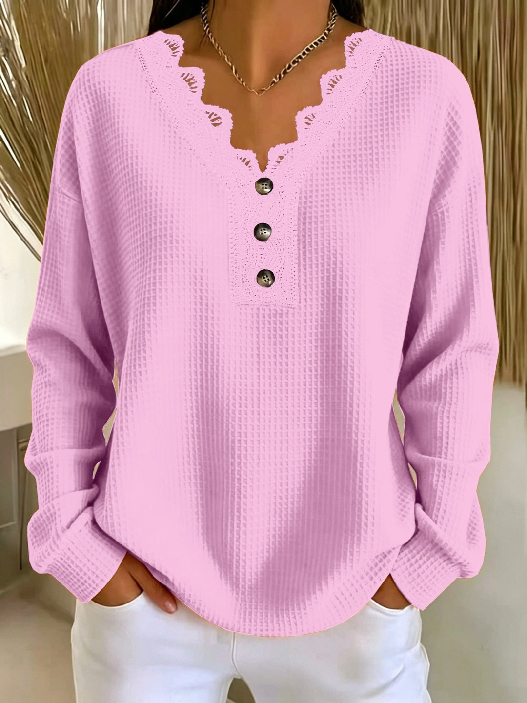 Blusa Donna in Tessuto Testurizzato con Scollatura a V in Pizzo e Maniche Lunghe