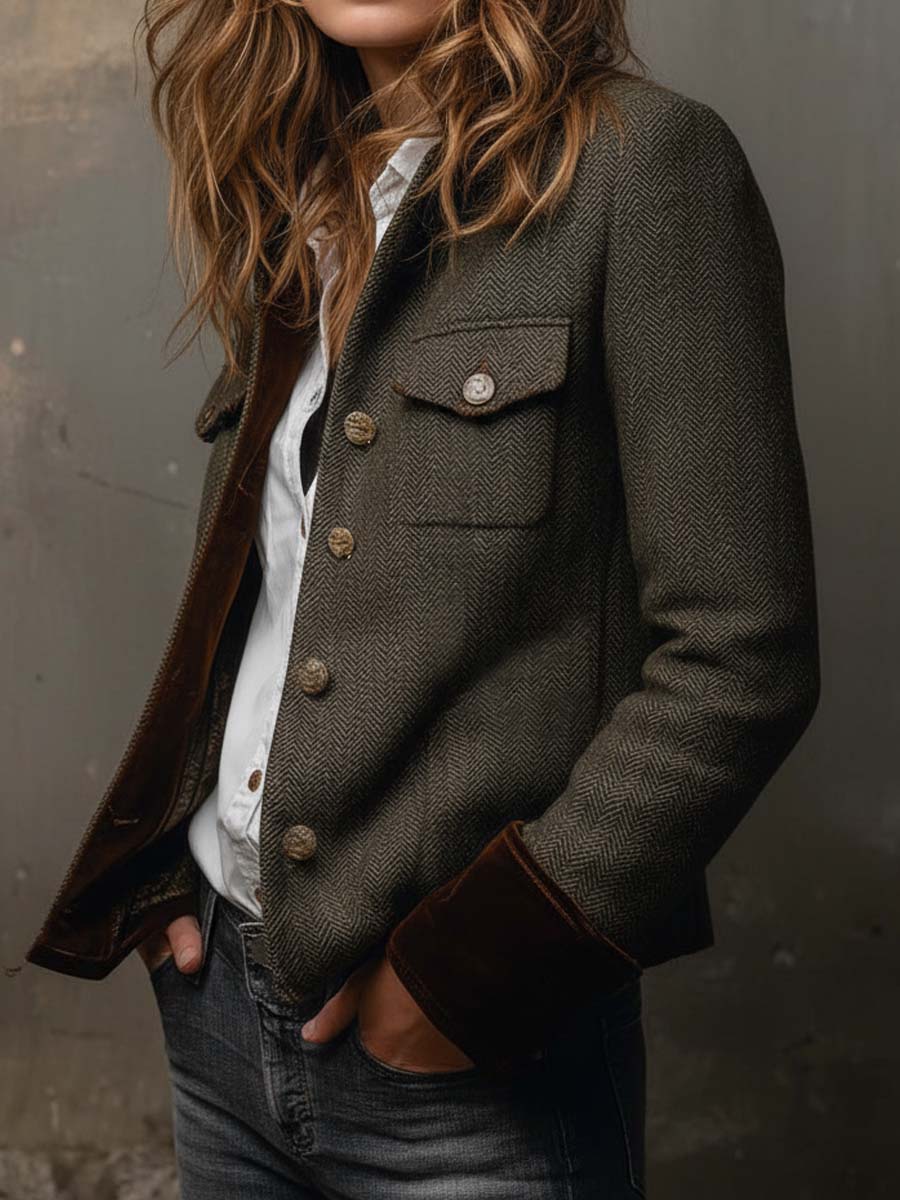 Diana – Blazer corto verde oliva con profili a contrasto