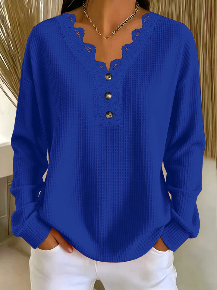 Blusa Donna in Tessuto Testurizzato con Scollatura a V in Pizzo e Maniche Lunghe