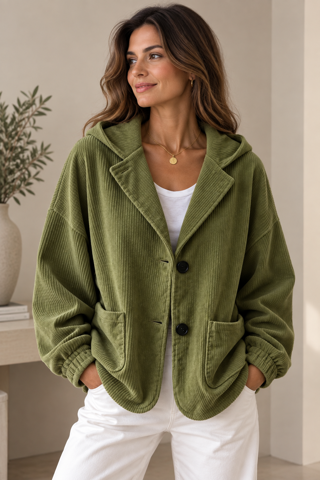 Giacca oversize in velluto a coste con cappuccio per donna