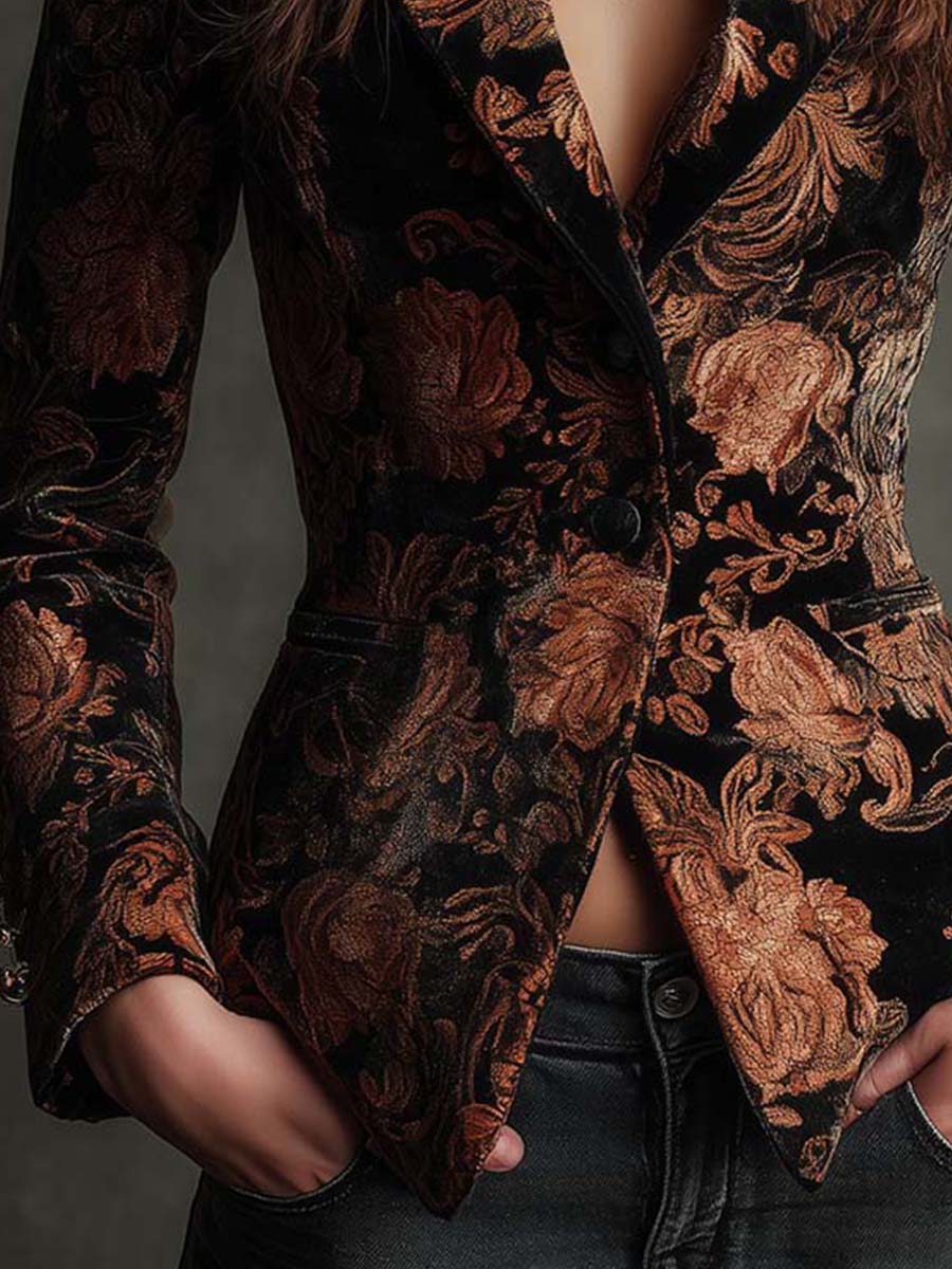 Veronica – Blazer nero con motivo floreale bronzo