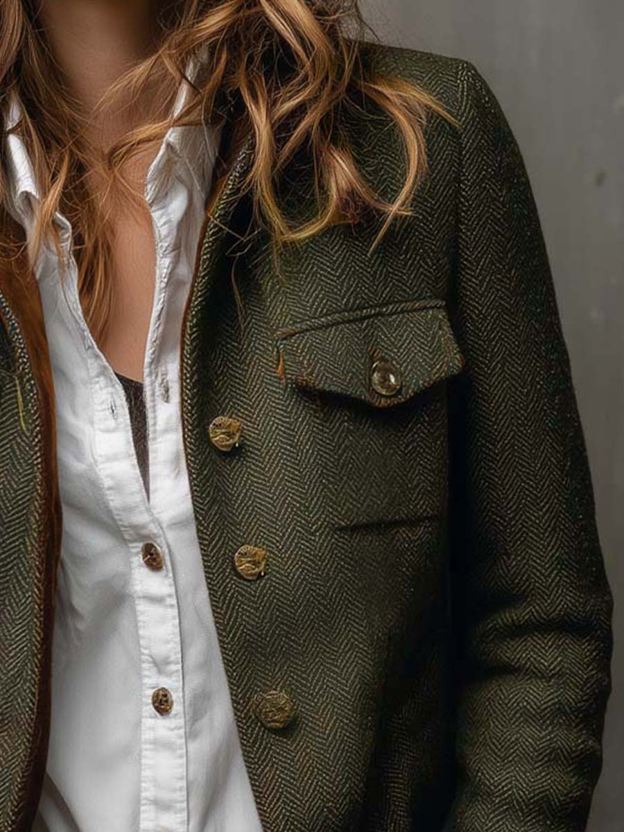 Diana – Blazer corto verde oliva con profili a contrasto