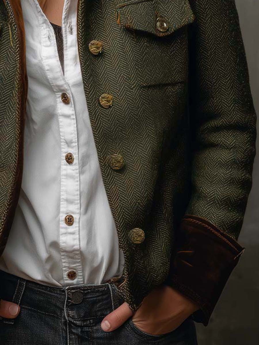 Diana – Blazer corto verde oliva con profili a contrasto