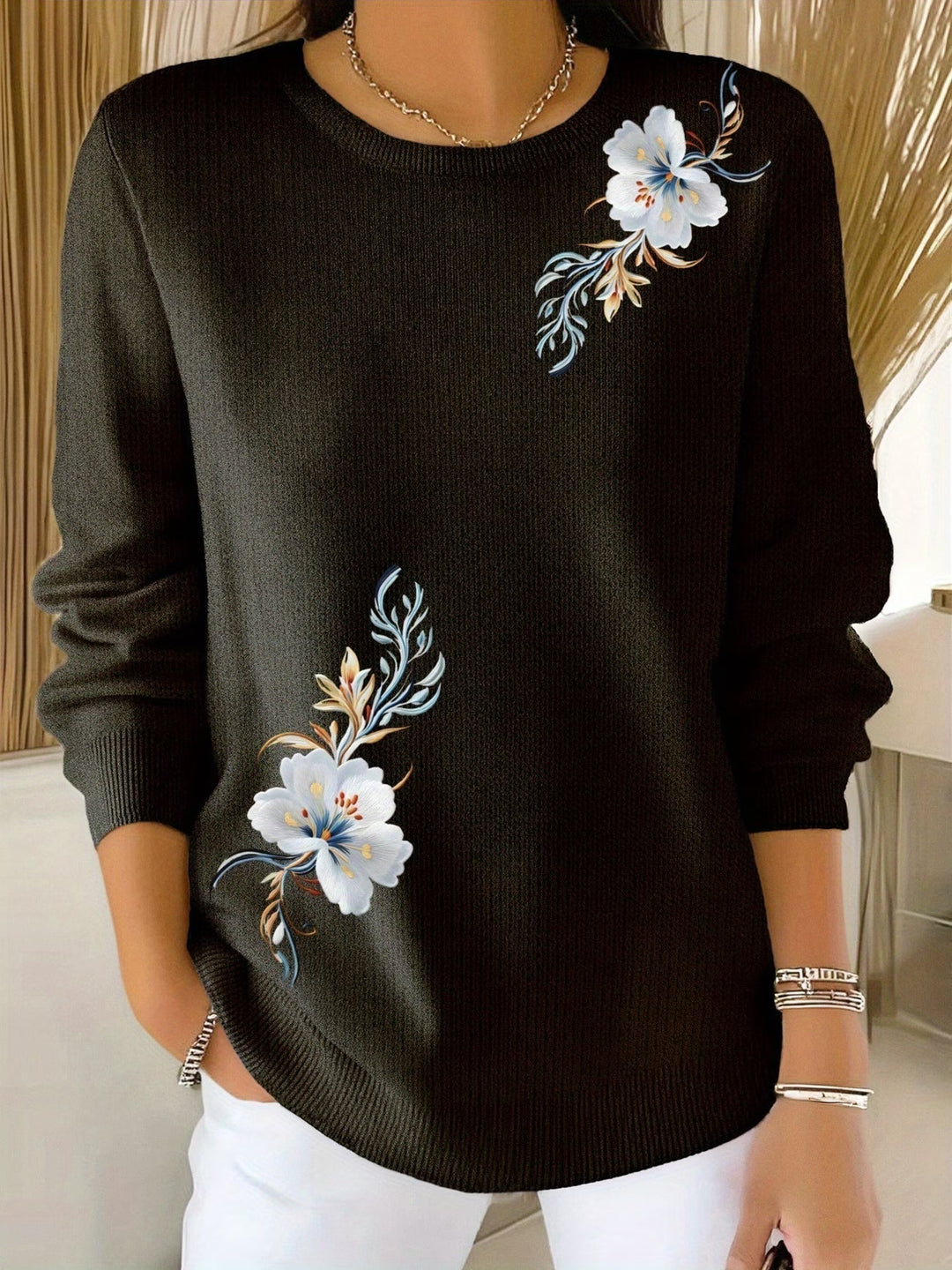 Maglione Donna con Stampa Floreale e Collo Rotondo