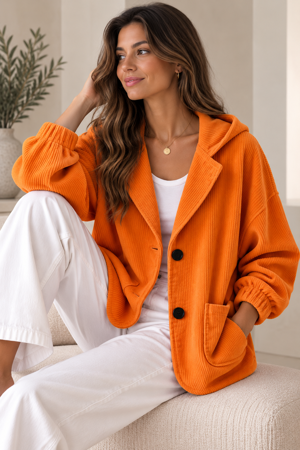 Giacca oversize in velluto a coste con cappuccio per donna