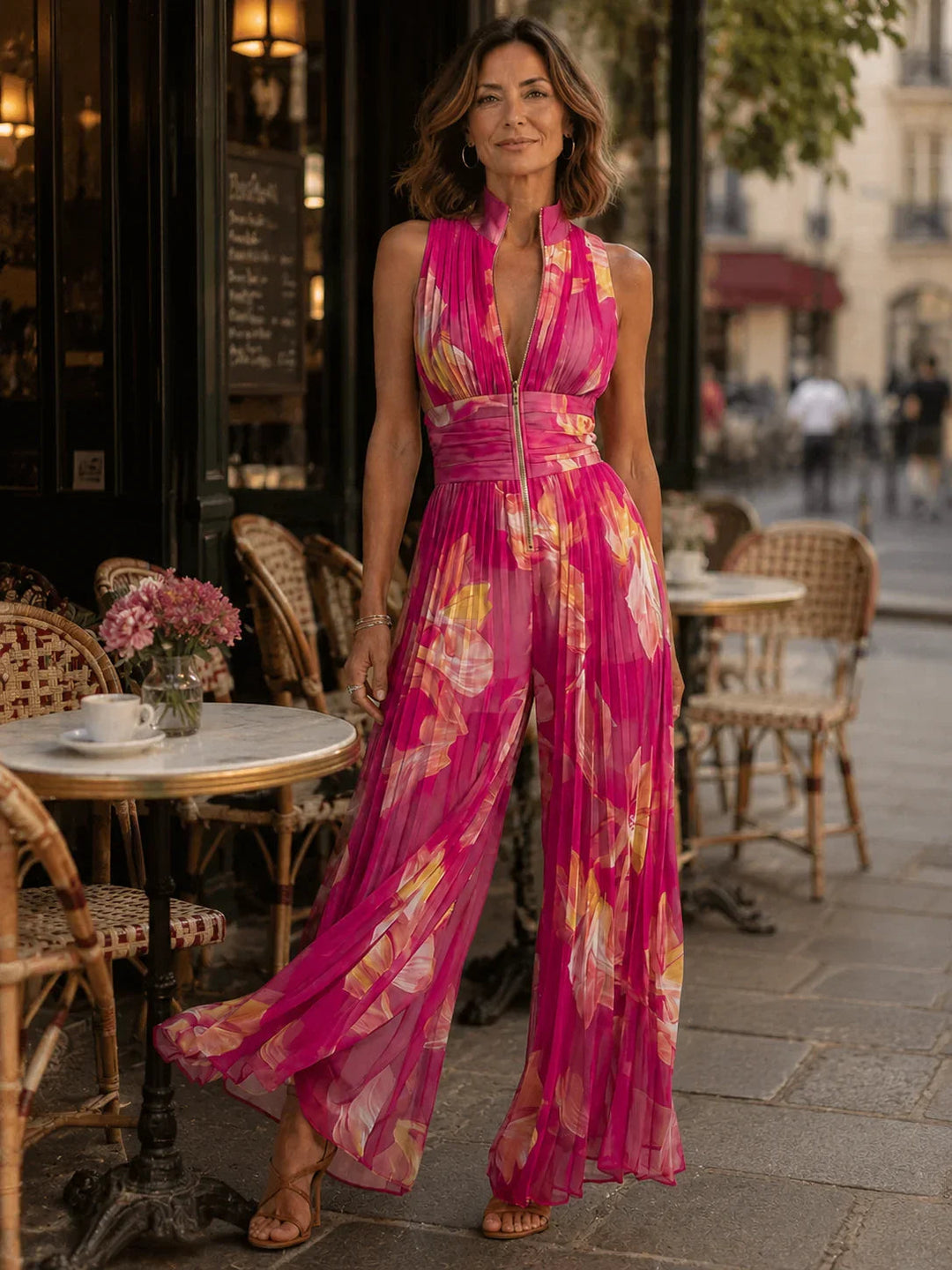Shana | Tuta plissettata in chiffon floreale fucsia
