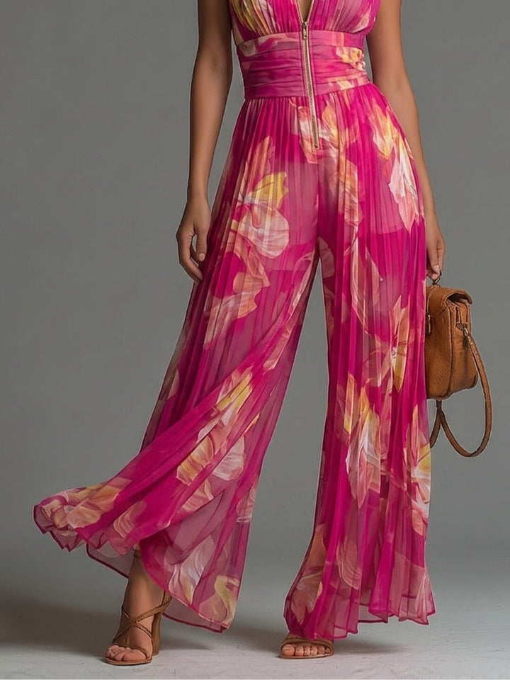 Sofia | Tuta floreale in chiffon plissettato