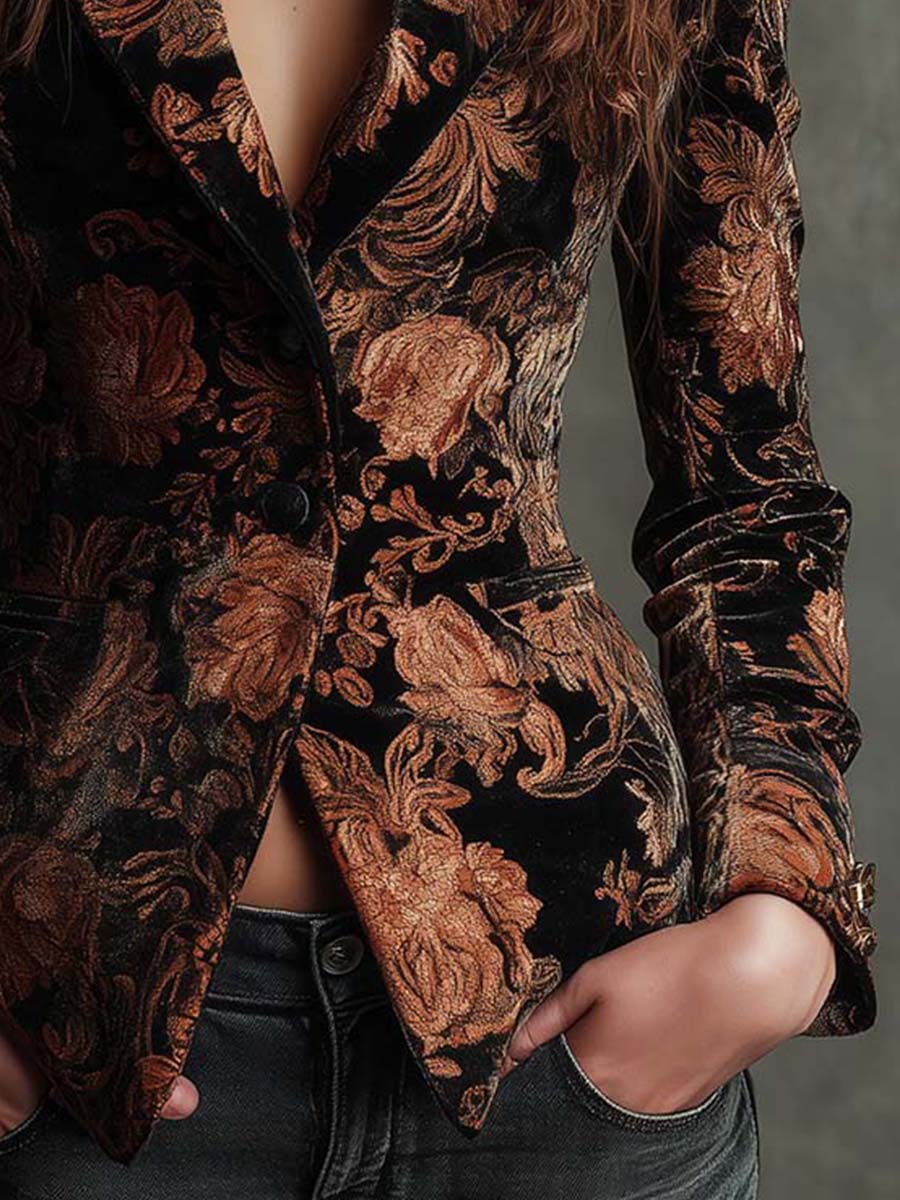 Veronica – Blazer nero con motivo floreale bronzo
