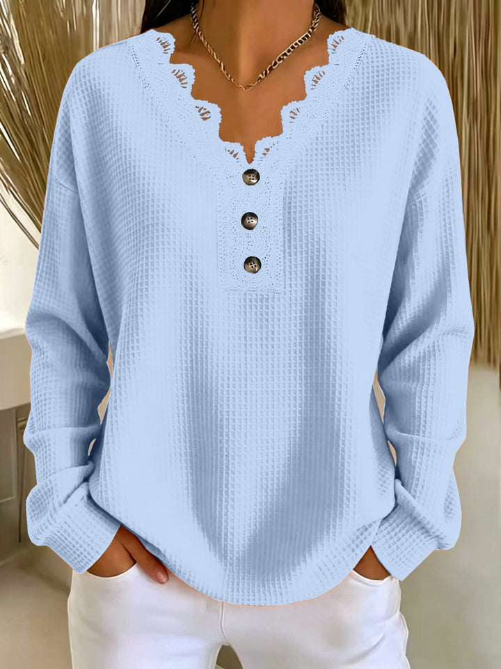 Blusa Donna in Tessuto Testurizzato con Scollatura a V in Pizzo e Maniche Lunghe