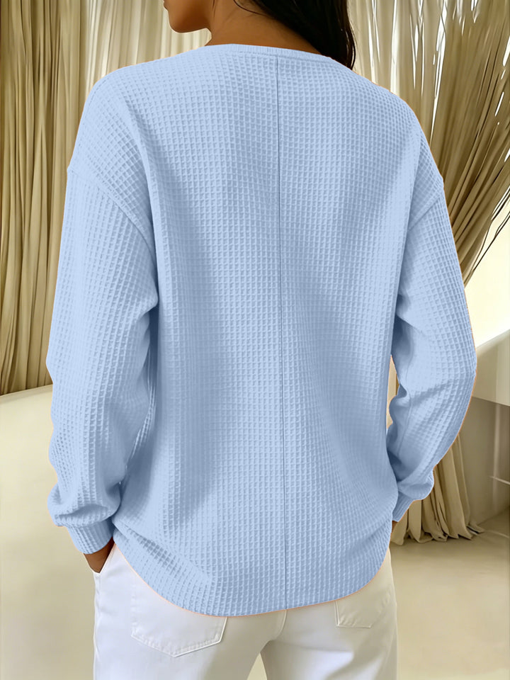 Blusa Donna in Tessuto Testurizzato con Scollatura a V in Pizzo e Maniche Lunghe