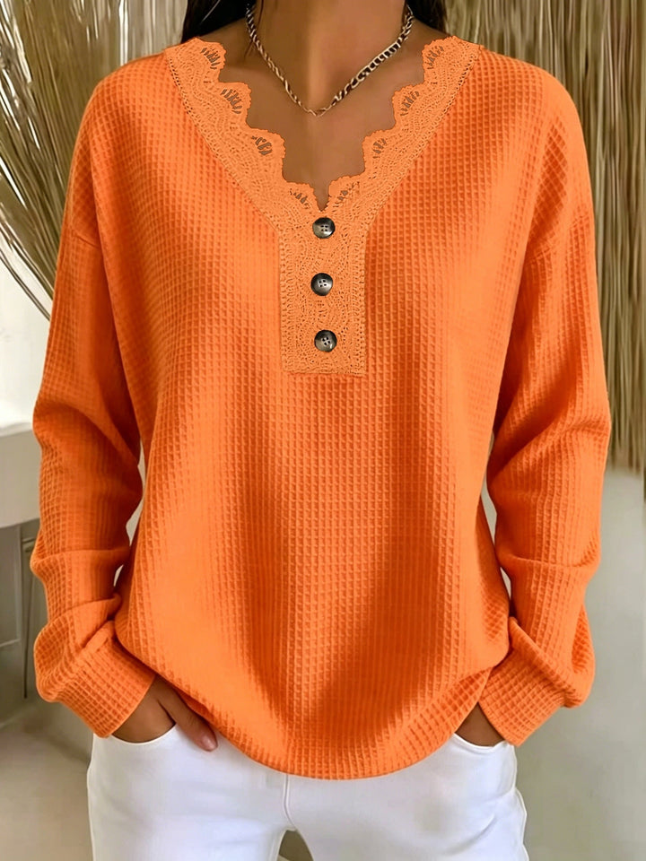 Blusa Donna in Tessuto Testurizzato con Scollatura a V in Pizzo e Maniche Lunghe