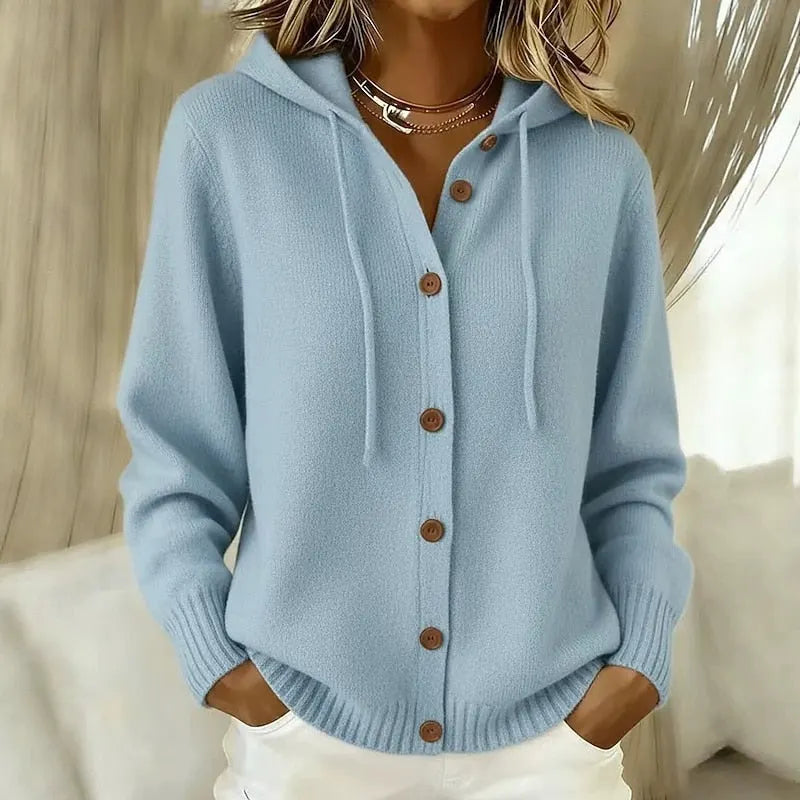 Cardigan femminile con cappuccio e bottoni in morbida maglia