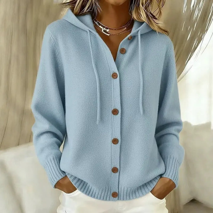 Cardigan femminile con cappuccio e bottoni in morbida maglia
