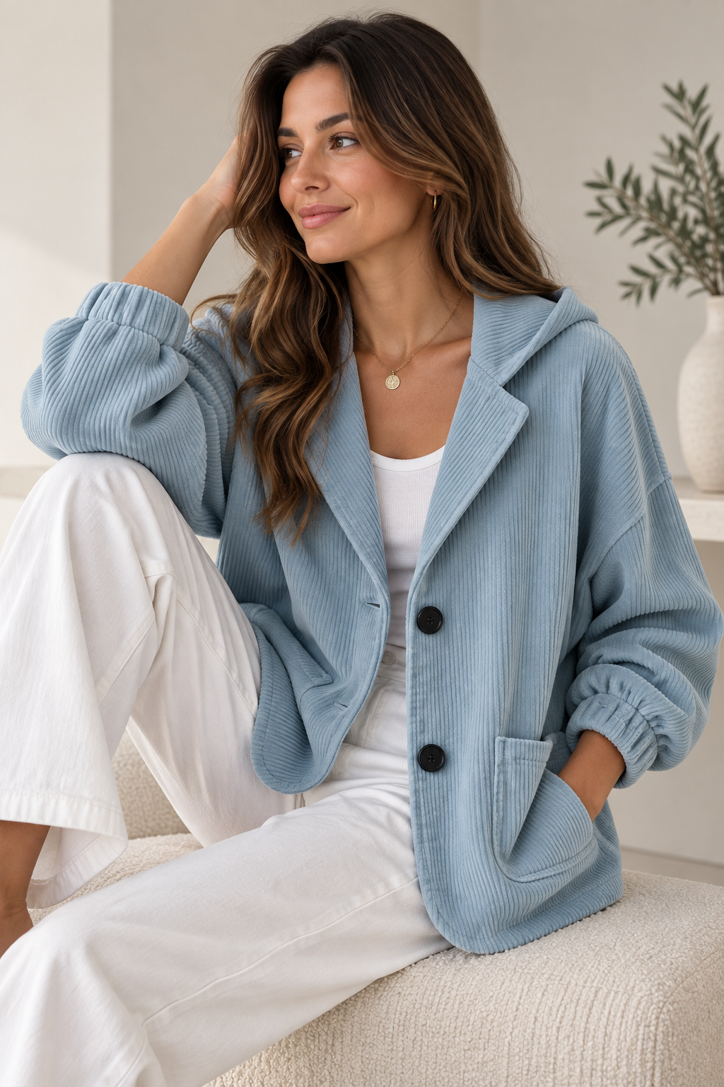 Giacca oversize in velluto a coste con cappuccio per donna