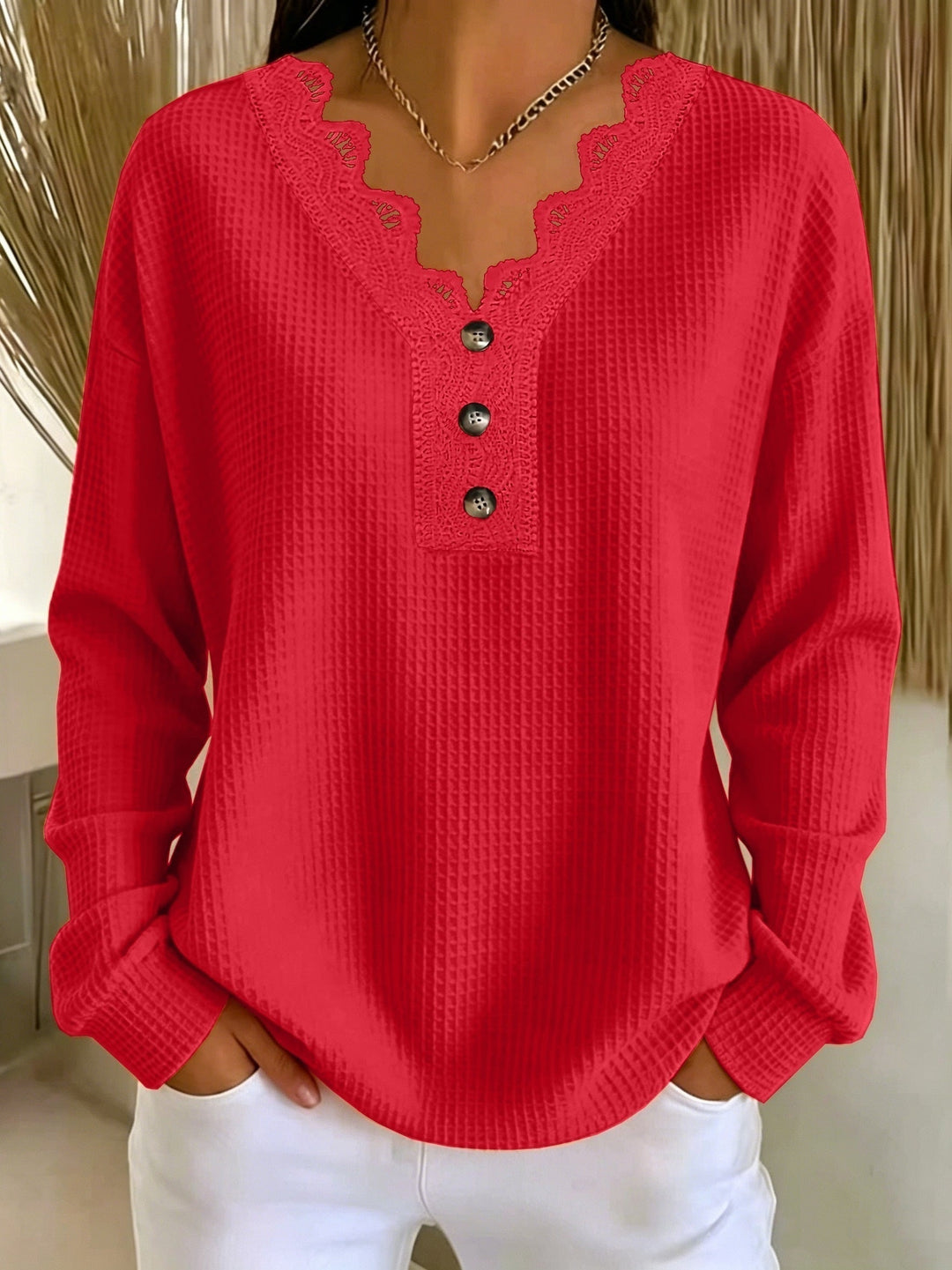 Blusa Donna in Tessuto Testurizzato con Scollatura a V in Pizzo e Maniche Lunghe