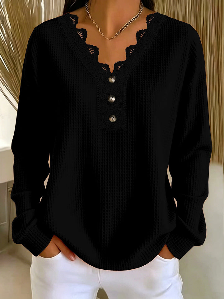 Blusa Donna in Tessuto Testurizzato con Scollatura a V in Pizzo e Maniche Lunghe