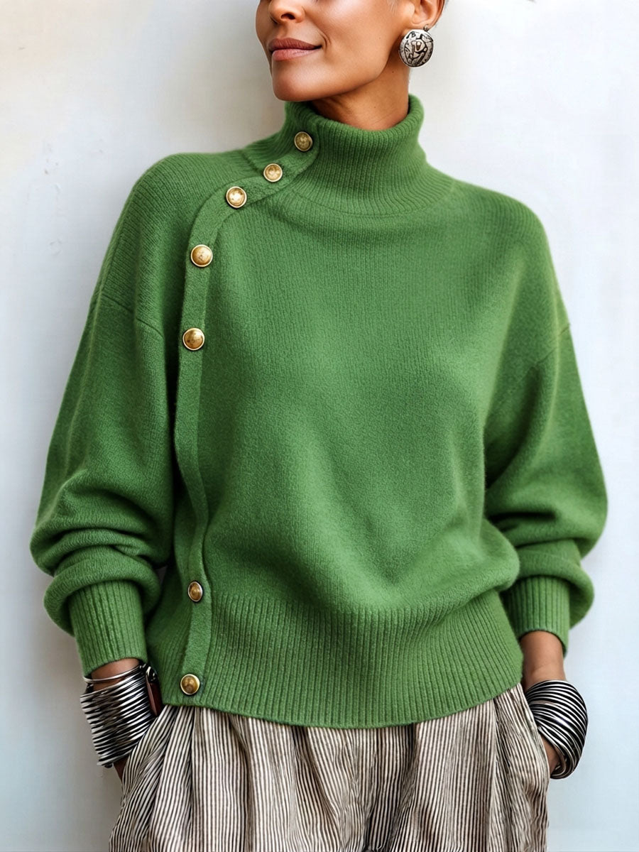 Maglione donna con collo alto asimmetrico e bottoni chic