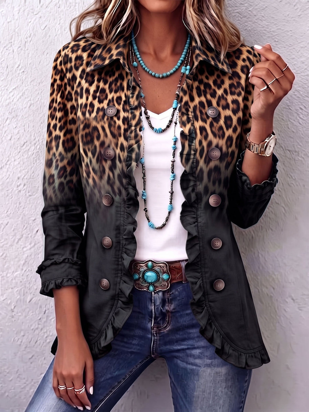 Beatrice – Blazer animalier con dettagli a volant