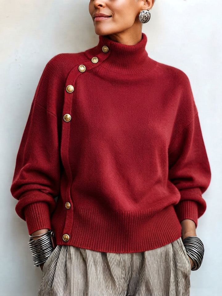 Maglione donna con collo alto asimmetrico e bottoni chic