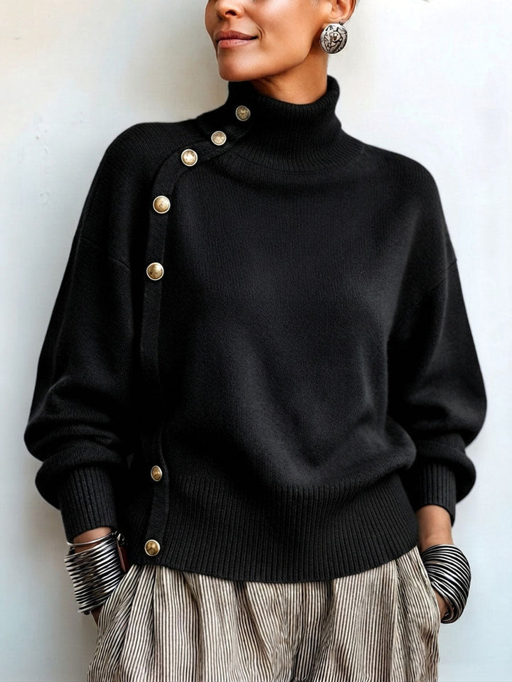 Maglione donna con collo alto asimmetrico e bottoni chic